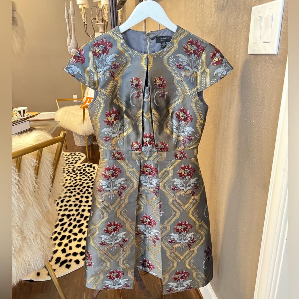 Grey Ted Baker Midi Dress with Gold and Floral Design